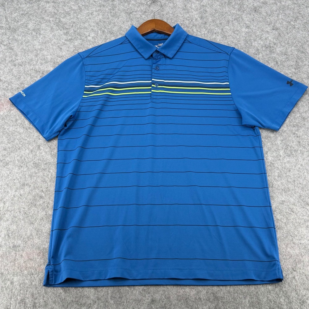 Under Armour HeatGear Mens Large Blue Striped Short Sleeve Performance Polo
